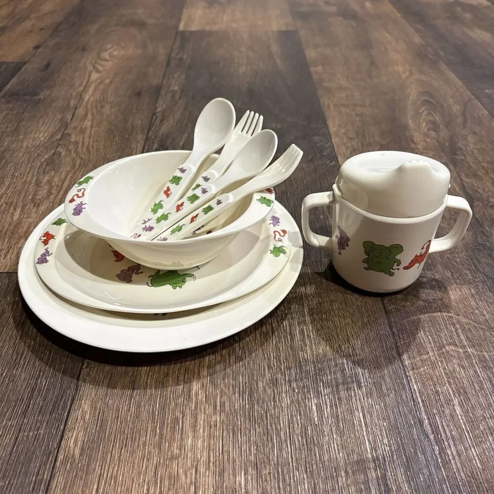 Vintage Jungle Friends Melamine Child Dinnerware Set Plate Bowl Cup Utensils